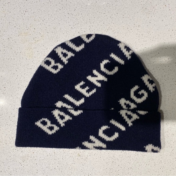 COPY - Navy Balenciaga Allover Logo Wool Beanie - Picture 2 of 4